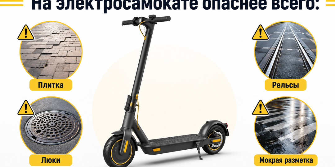 Где на электросамокате опаснее всего: плитка, люки, рельсы, мокрая разметка