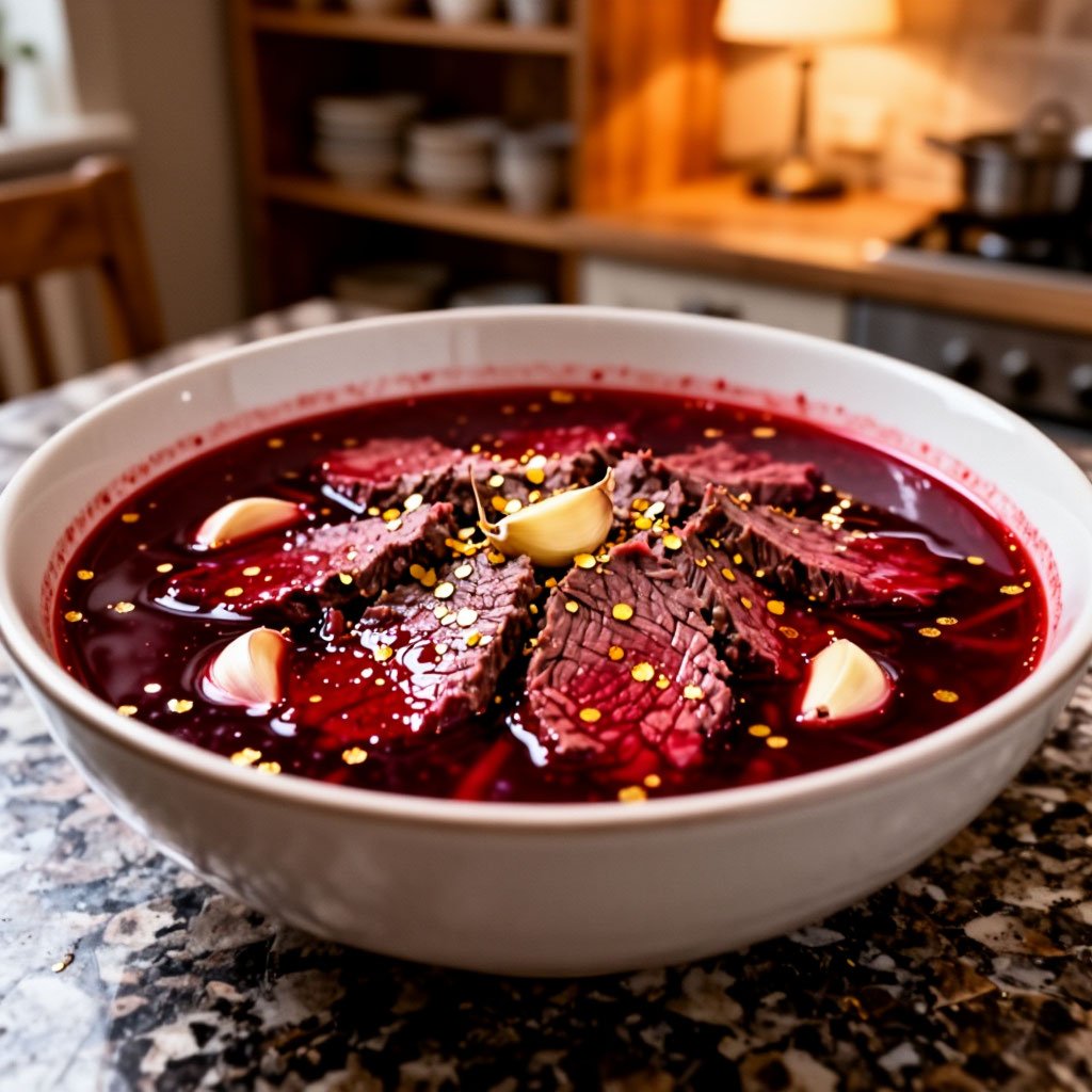 Густой борщ на говяжьем бульоне с капустой, свёклой, картофелем и зажаркой, подача со сметаной, чесноком и чёрным хлебом