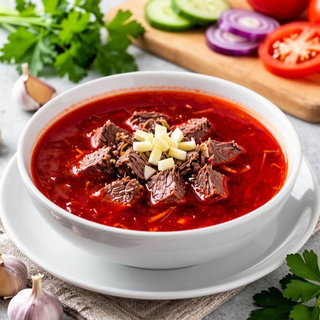 Густой борщ на говяжьем бульоне с капустой, свёклой, картофелем и зажаркой, подача со сметаной, чесноком и чёрным хлебом