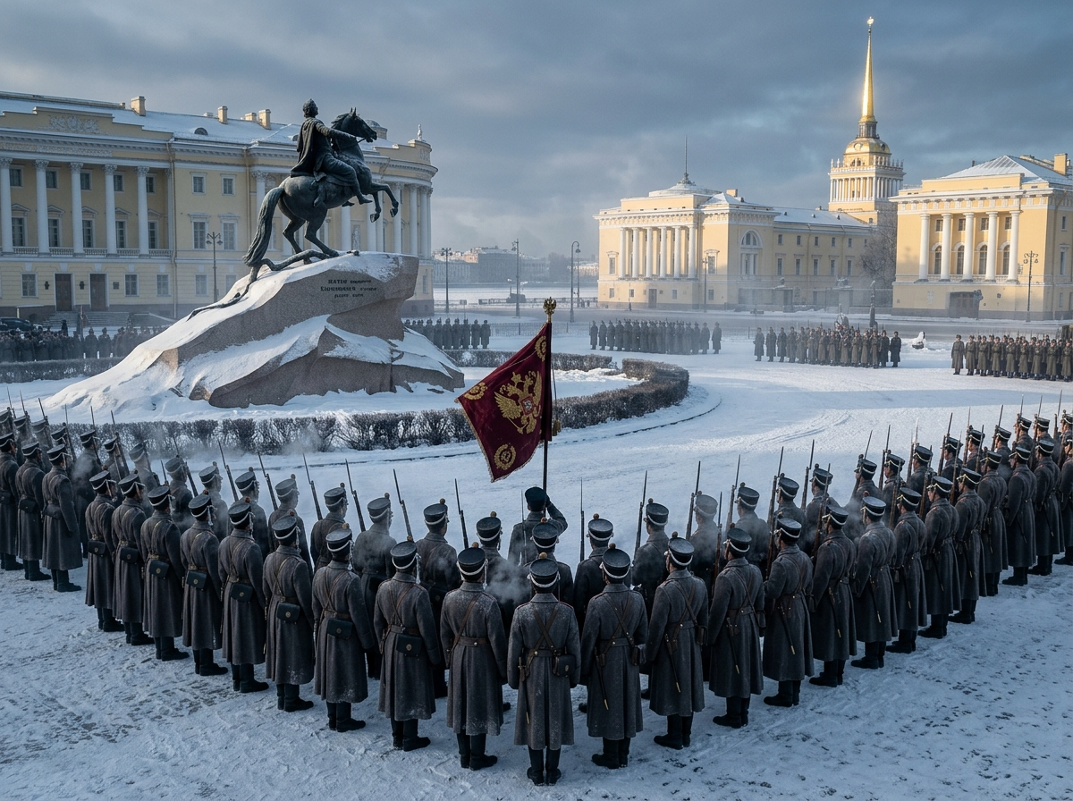 Сенатская площадь в Санкт-Петербурге 14 декабря 1825 года. Заснеженная площадь, морозное утро. Солдаты в тёмных шинелях и высоких киверах построены в каре у памятника Петру Великому. В центре развевается полковое знамя с двуглавым орлом. На заднем плане — правительственные войска с ружьями и здания Сената и Синода под свинцово-синим небом.