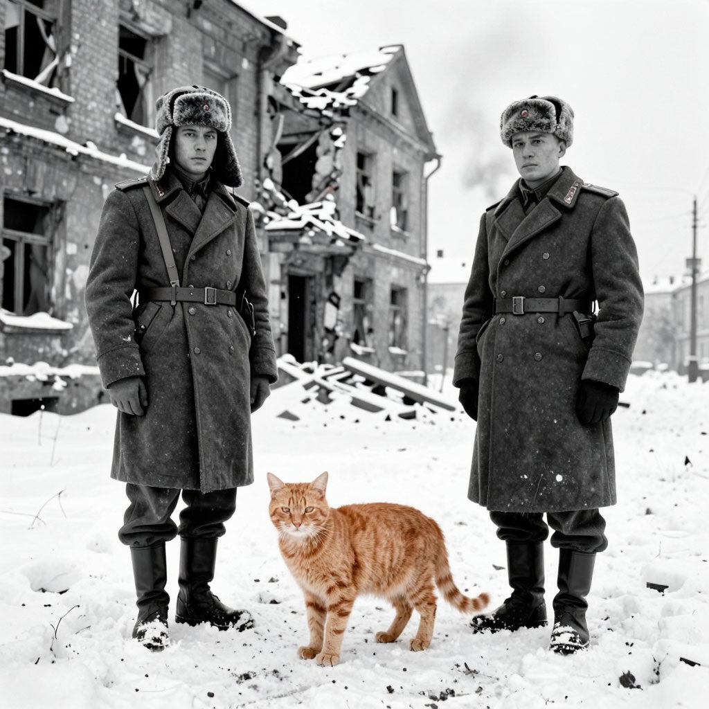 Блокадный Ленинград, зима 1941 года, разрушенное здание, рыжий кот сидит на снегу, рядом советские солдаты в шинелях
