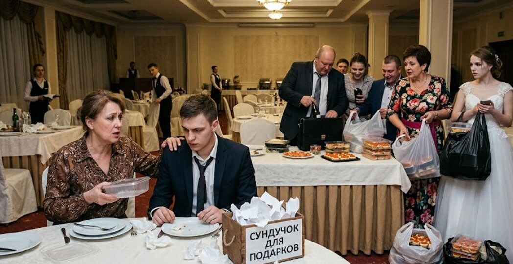 Родственники подарили молодоженам пустые конверты, зато первыми вынесли с банкета все оставшиеся деликатесы