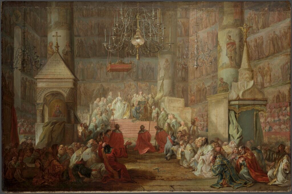 Стефано Торелли. Коронование Екатерины II 22 сентября 1762 года. 1777 год. Холст, масло. 83,2 × 124,7 см. Третьяковская галерея.