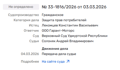 Судебное дело с участием ООО "Гарант-Моторс" в качестве ответчика