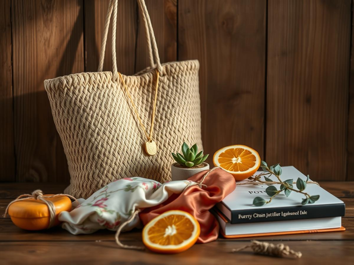 Подарок подруге на день рождения - плетёная соломенная сумка-тоут, золотой кулон, суккулент, шёлковый шарф и книга на дубовой доске.