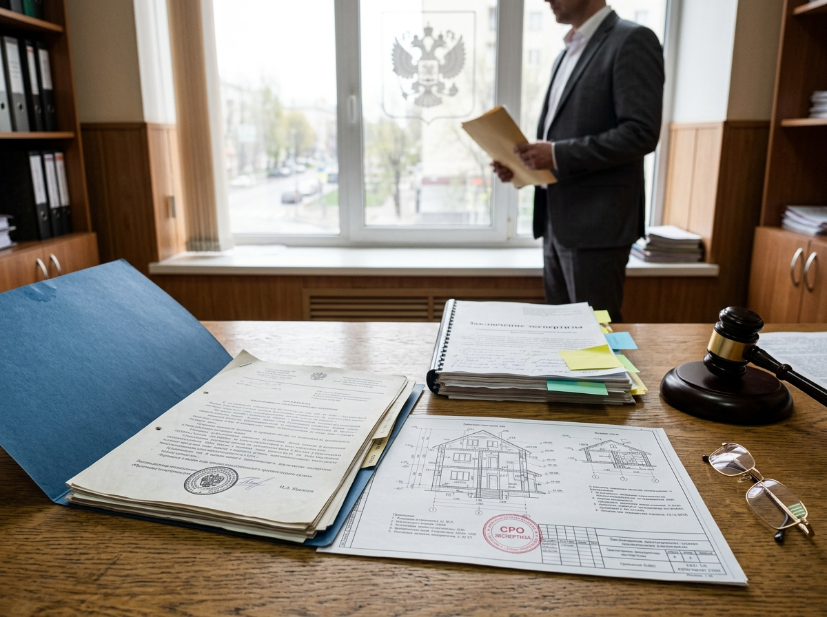 Подготовка иска в суд о признании права собственности на самострой. На столе — технический план дома, заключение строительно-технической экспертизы (СРО), судебный молоток.