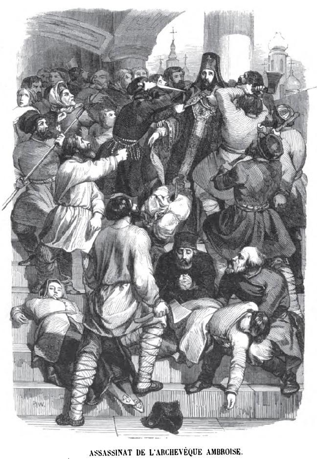 Убийство архиепископа Амвросия, гравюра Шарля Мишеля Жоффруа, 1845 год
