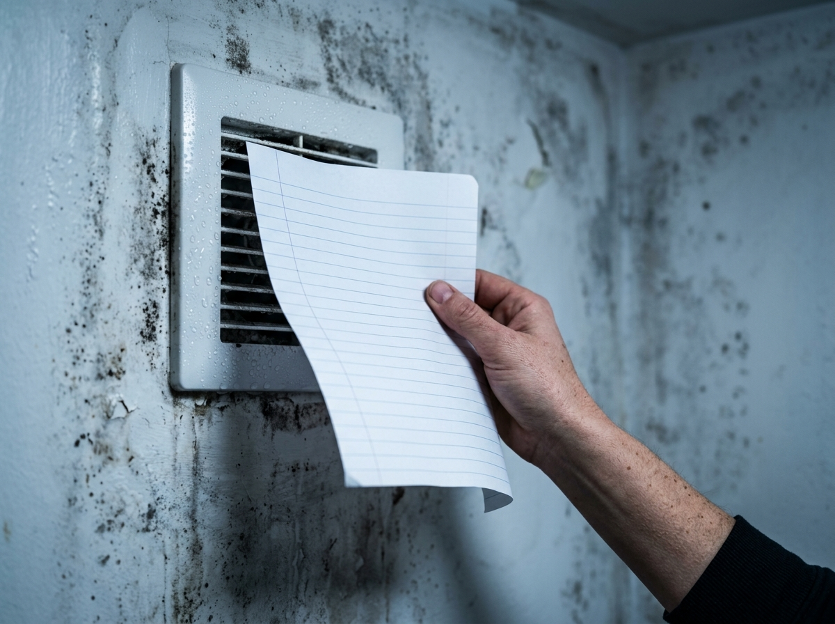 Борьба с плесенью начинается с проверки вентиляции: если листок не прилипает, значит влажный воздух не удаляется, и плесень будет появляться снова. Как восстановить тягу и избавиться от грибка в ванной — читайте в статье.