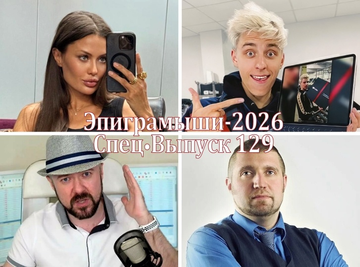 Коллаж-обложка "Эпиграмыши-2026. СпецВыпуск 129". Виктория Боня, Влад Бумага, Алексей Кречетов, Дмитрий Потапенко. Использованы изображения из открытых источников