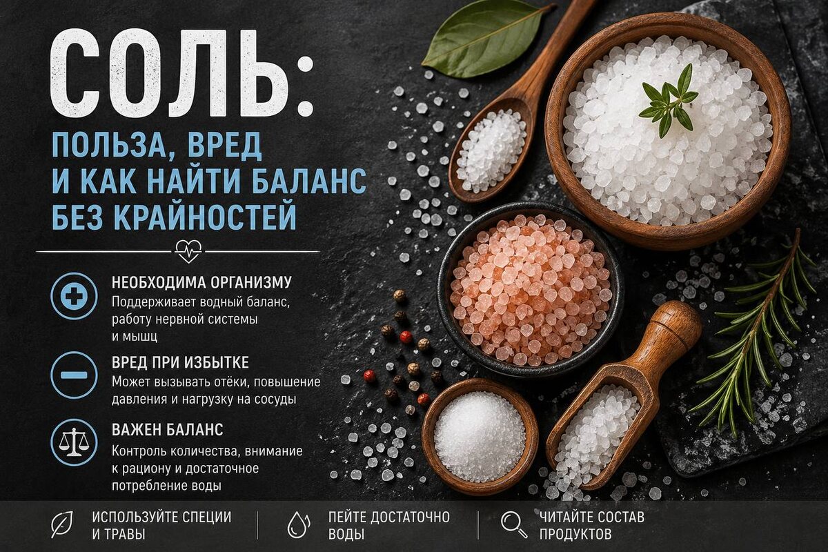 Соль — один из самых простых и одновременно самых противоречивых продуктов в рационе человека. Мы используем её каждый день, часто не задумываясь о количестве, но именно вокруг неё возникает больше всего споров. Одни стараются полностью отказаться, другие не видят в ней никакой проблемы. На самом деле истина, как это часто бывает, находится посередине, и многое зависит не от самой соли, а от того, как именно она присутствует в повседневной жизни.

Соль необходима организму, потому что она является источником натрия — элемента, который участвует в важнейших процессах. Он помогает поддерживать водный баланс, влияет на работу нервной системы и участвует в передаче сигналов между клетками. Благодаря натрию сокращаются мышцы, включая сердечную, а также сохраняется стабильность внутренней среды организма. Когда его становится недостаточно, человек может ощущать слабость, усталость, снижение концентрации и даже лёгкое головокружение. Именно поэтому полный отказ от соли редко бывает оправданным решением.

При этом проблема начинается там, где теряется контроль количества. В современном питании соль часто скрыта в продуктах, которые мы не воспринимаем как солёные. Это готовая еда, полуфабрикаты, соусы, хлеб и различные закуски. В результате человек может значительно превышать норму, даже не добавляя соль в блюда самостоятельно. Избыток натрия постепенно влияет на организм, вызывая задержку жидкости, ощущение тяжести, склонность к отёкам и дополнительную нагрузку на сосуды. Эти изменения происходят не сразу, а накапливаются со временем, поэтому их легко не заметить на раннем этапе.

Интересно, что тяга к солёному не всегда связана только со вкусом. Организм может таким образом реагировать на стресс, усталость или недостаток воды. Когда ресурсы истощаются, тело ищет быстрый способ восстановить баланс, и соль становится одним из таких сигналов. В этот момент важно не подавлять желание резко, а попробовать понять причину, которая стоит за ним.

Чтобы использовать соль без вреда,