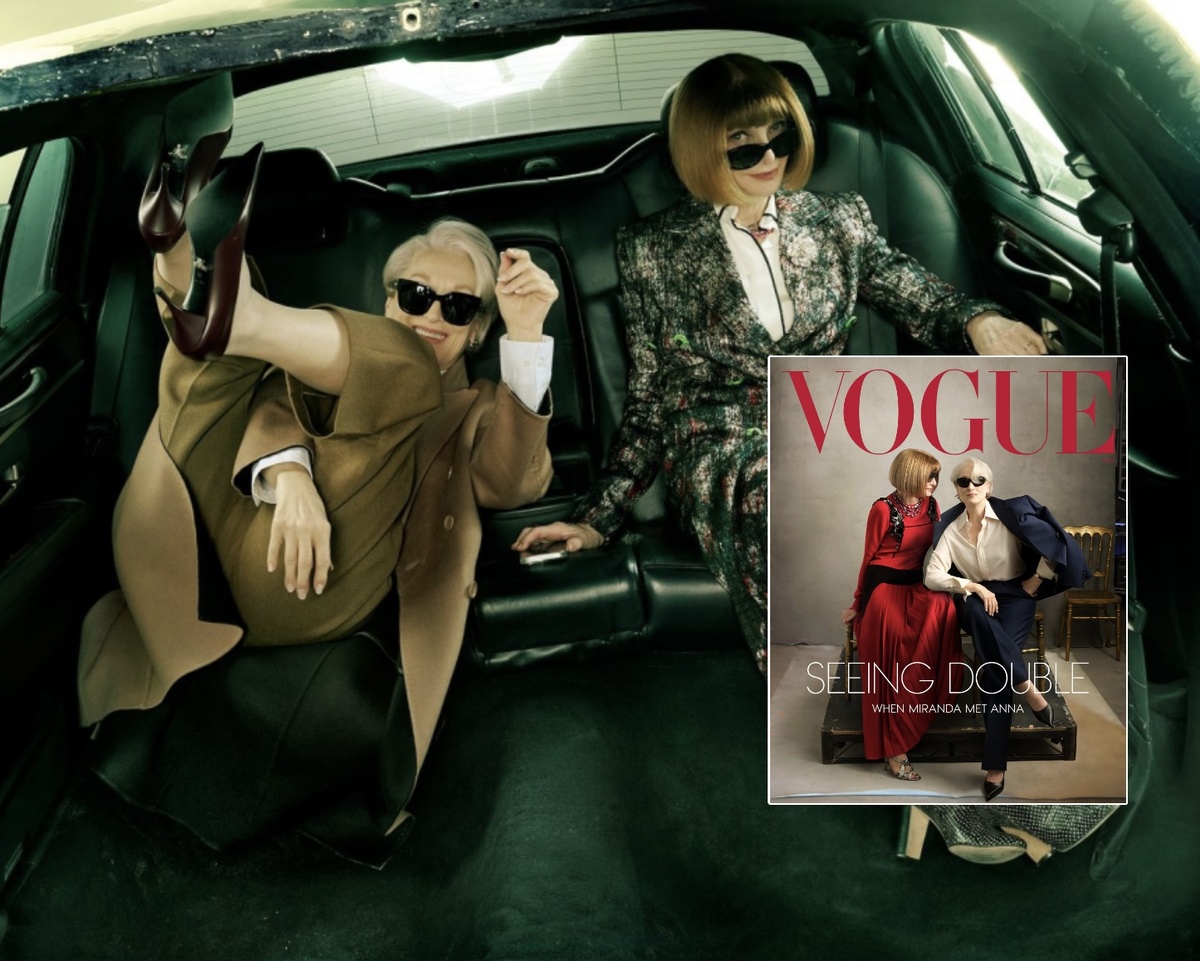 Бывший главный редактор американского Vogue Анна Винтур (прообраз Миранды Пристли) и Мэрил Стрип на кадрах из съемки для журнала Vogue. Заголовок на обложке: «Обе здесь: когда Миранда встречает Анну» (фотограф Annie Leibovitz, фото из соцсетей).