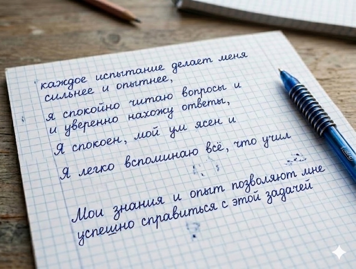 Написание аффирмаций от руки помогает подготовиться к экзамену эффективнее, чем простое проговаривание или чтение с монитора. Пример аффирмации на сдачу экзамена из сети.