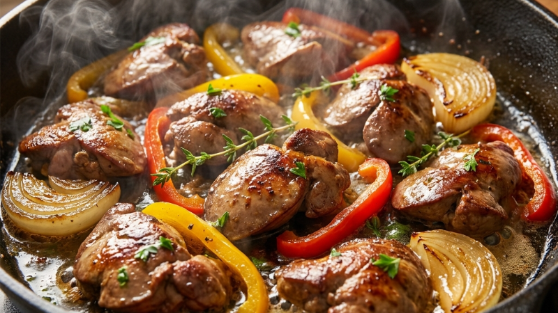 Нежная куриная печень с луком и сладким перцем