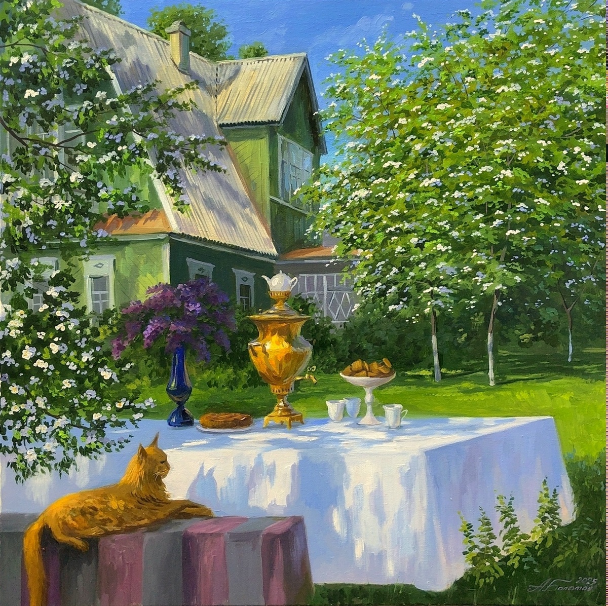 На даче весной. 60х60. Х.м. 2025. Источник изображения : vk.com›alexbolotov_paintings