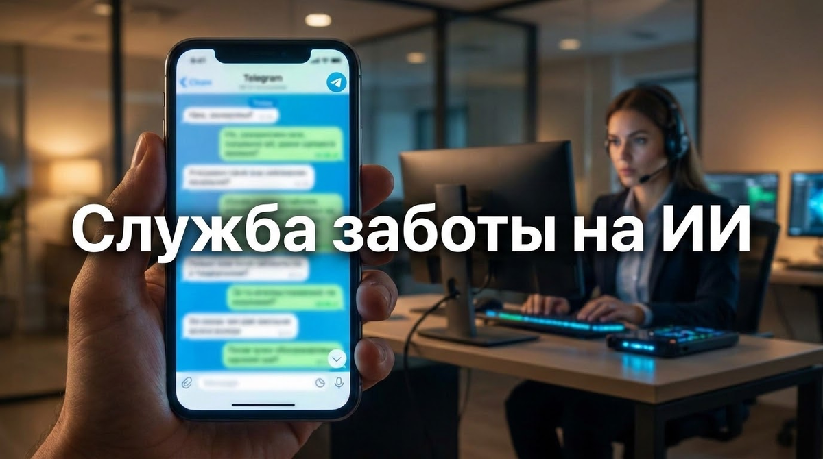 ИИ-служба заботы отвечает на вопрос клиента по статусу заказа в Telegram на экране смартфона