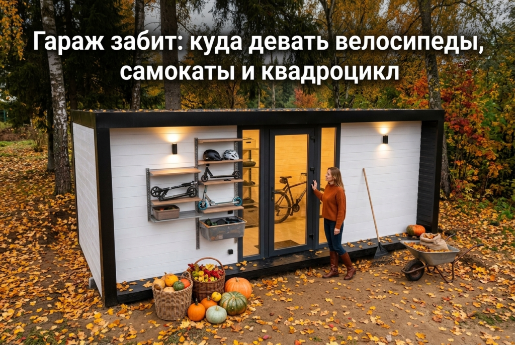    Компактное и упорядоченное хранение транспорта в садовом хозблоке. hozblock