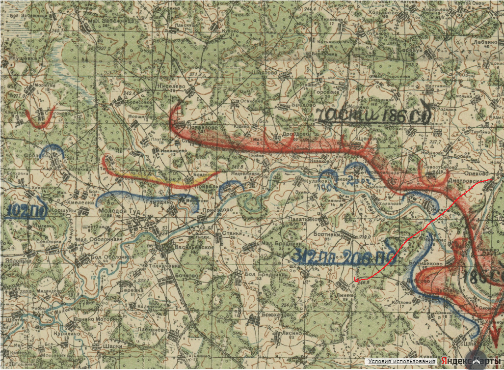 На карте обстановки на Калининском фронте на 10-15.02.1942 я обозначил красной линией примерный маршрут выдвижения разведотрядов