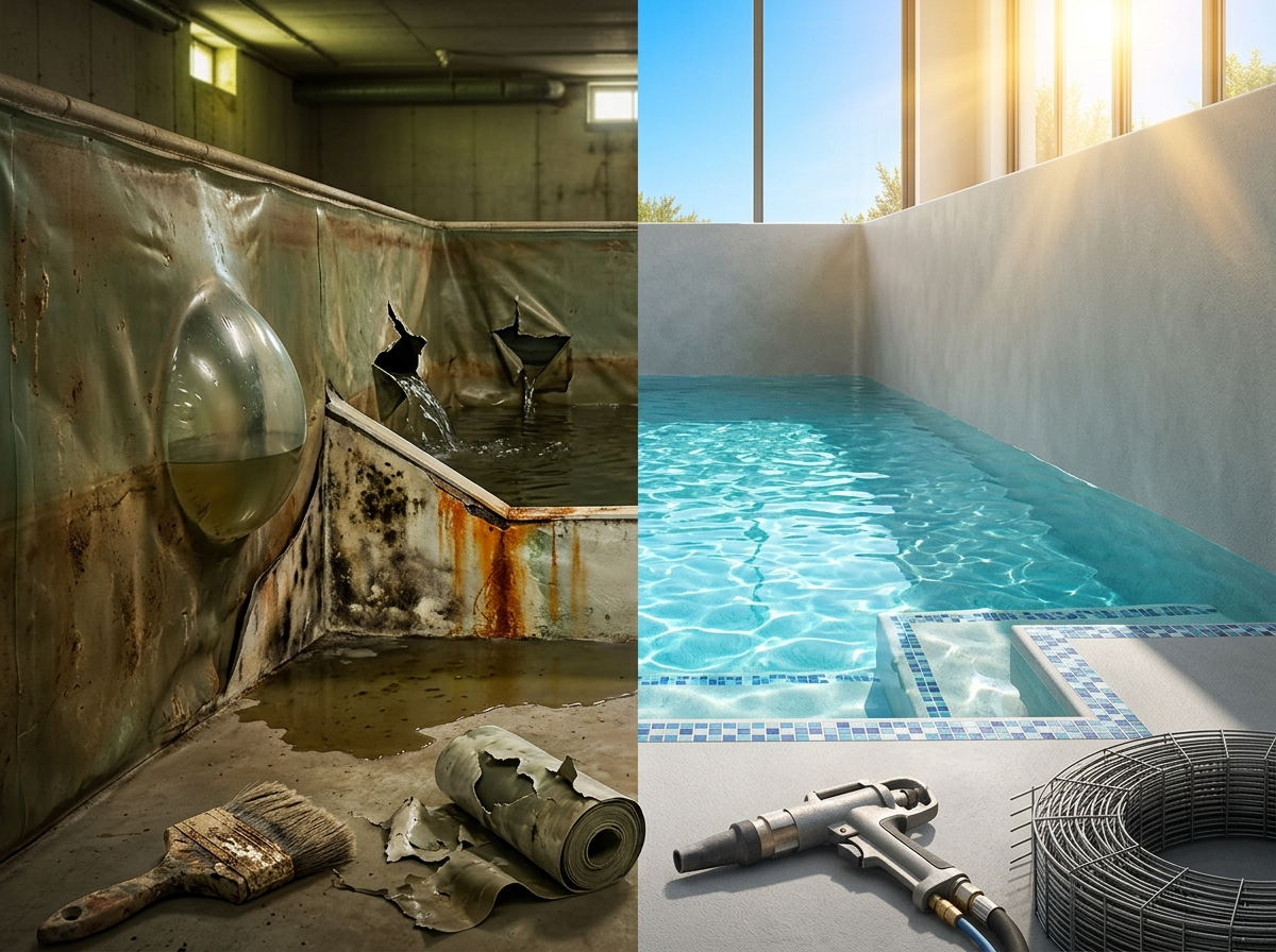 Два бассейна до и после ремонта. Слева старая разрушенная ПВХ-гидроизоляция с плесенью, вздутиями и протечками. Справа идеально гладкая чаша из торкрет-бетона с кристально чистой водой. На переднем плане — порванная плёнка и строительный пистолет для торкрета. Контраст между ошибками в гидроизоляции и современной технологией строительства бетонных бассейнов.