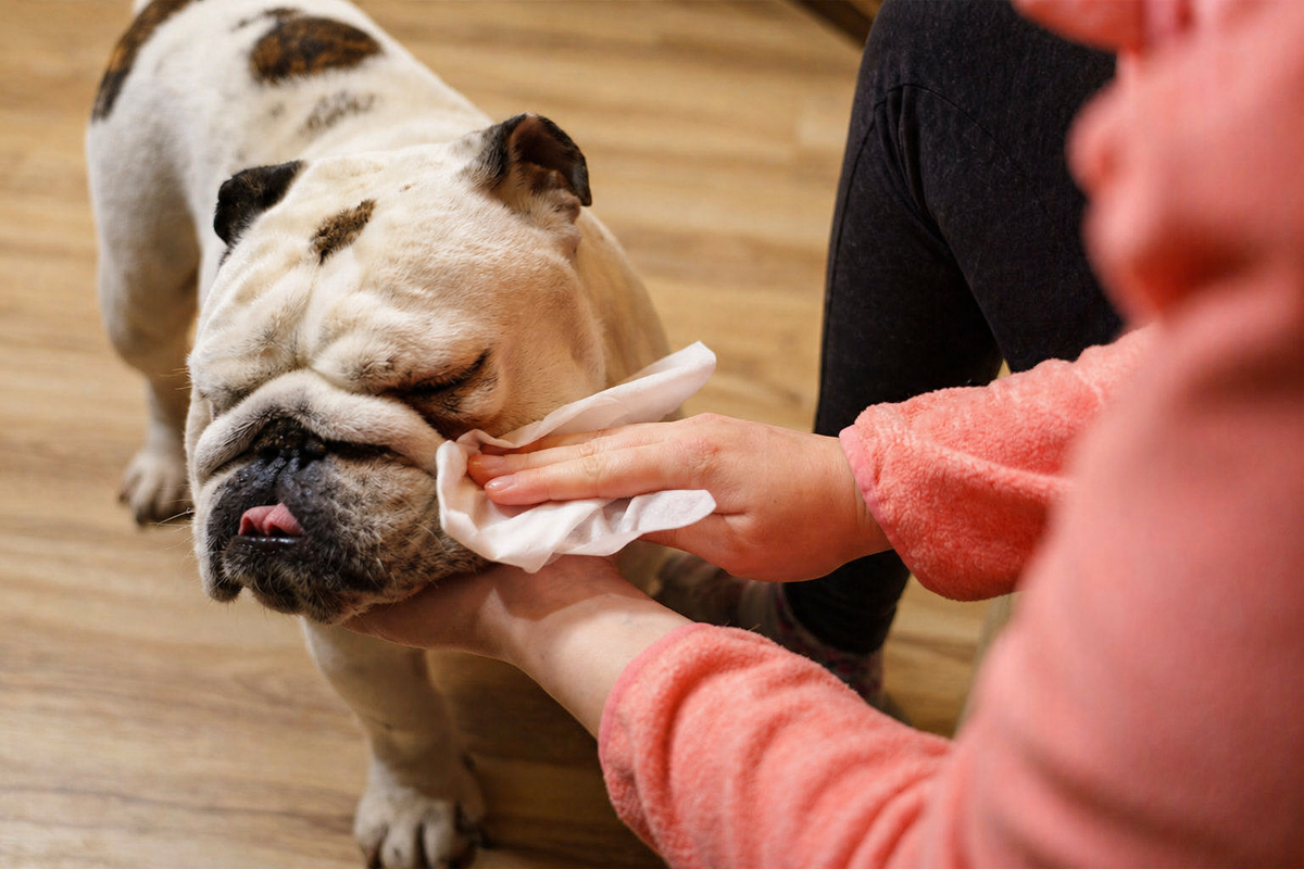 Хозяйка протирает собаку влажной салфеткой 