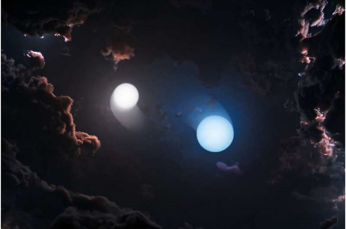    Художественное изображение двух молодых звезд, вращающихся друг вокруг друга внутри пыльного звездообразующего комплекса Орион. Поскольку облака газа и пыли скрывают эти системы в видимом и инфракрасном диапазонах волн, астрономы использовали телескоп NSF Very Long Baseline Array, чтобы наблюдать их в радиоволнах и непосредственно измерять их орбитальное движение и массы. Автор: NSF/AUI/NSF NRAO/М.Вайс