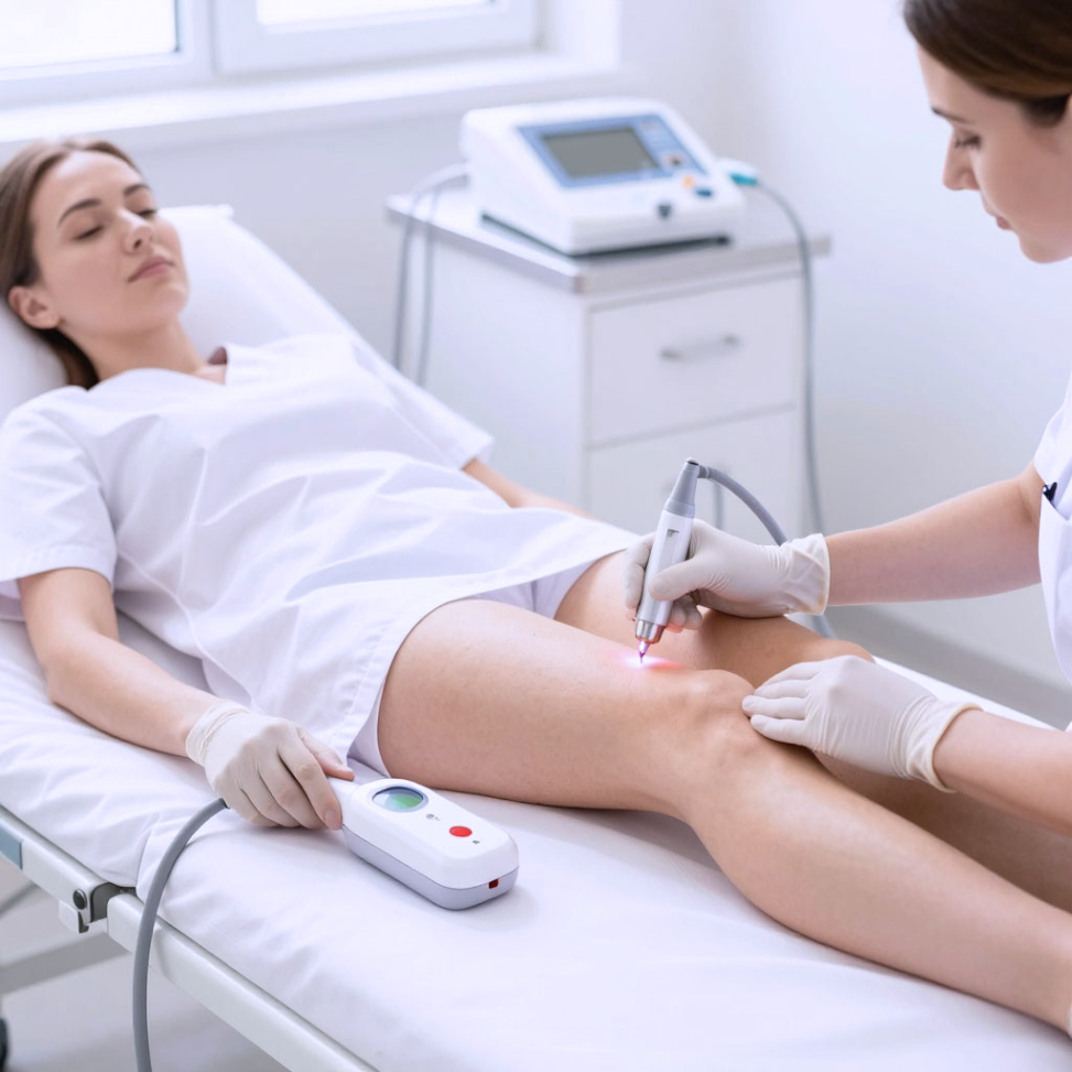 Сеанс лазеротерапии коленного сустава — процедура безболезненная и длится не более 15 минут