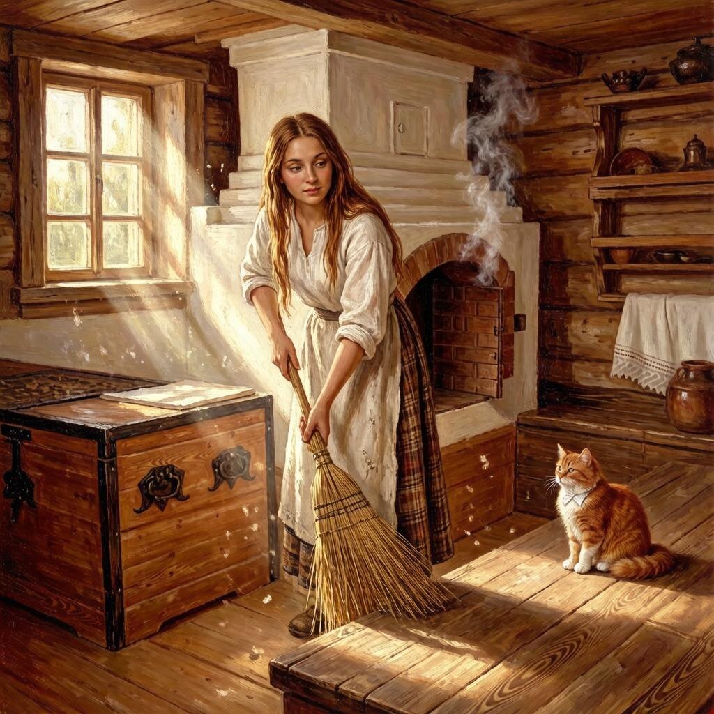 Не только сор — обиду выметай. Для домового три крошки хлеба в углу оставь, да не забудь веник за дверь поставить — до первых петухов