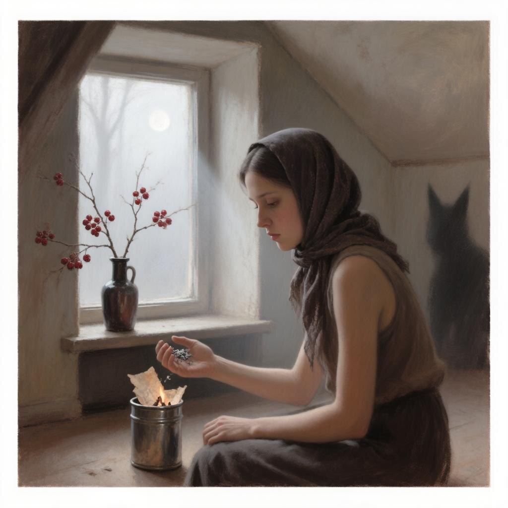 Пепел на ладонь — судьбу примерь. Разлетится — да, сожмётся комком — жди. Прилипнет к коже — не тот вопрос задала, красна девица