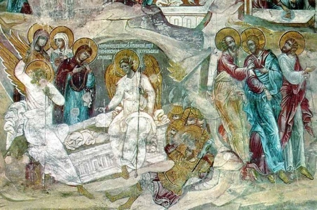 Жены мироносицы у гроба Господнего. Фреска церкви Николы Мокрого в Ярославле. 1673. (предположительно стенопись была выполнена известным поволжским мастером Гурием Никитиным ,,со товарищами,,)