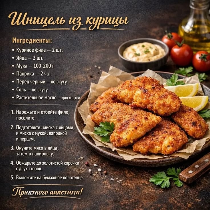 куриный шницель — сочный внутри и невероятно хрустящий снаружи.