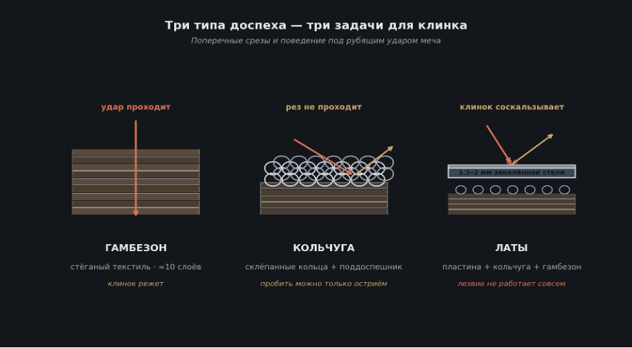 Поперечные срезы трёх типов доспеха и поведение клинка под рубящим ударом. Гамбезон режется, кольчуга держит, латы отводят удар вскользь.