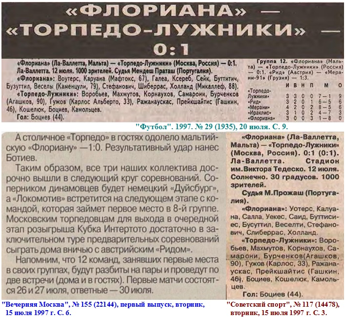 "Футбол". 1997. № 29 (1935), 20 июля. С. 9; "Вечерняя Москва", № 155 (22144), первый выпуск, вторник, 15 июля 1997 г. С. 6; "Советский спорт", № 117 (14478), вторник, 15 июля 1997 г. С. 3. Коллаж автора ИстАрх.