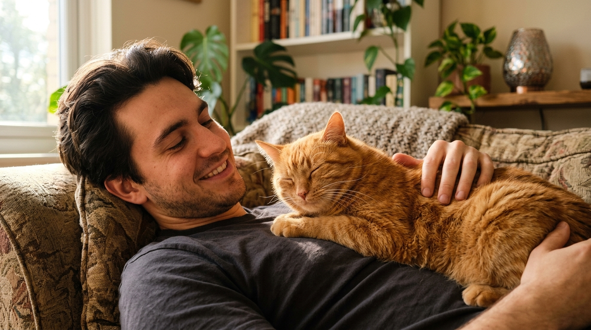 Рыжий кот мурчит на груди у хозяина - знакомая сцена для многих владельцев.