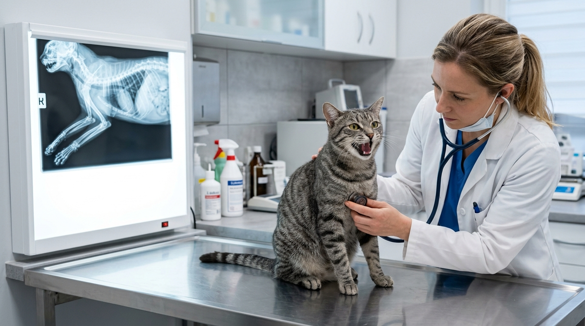 Ветеринар исследует кошку стетоскопом - мурчание помогает врачу оценить состояние.