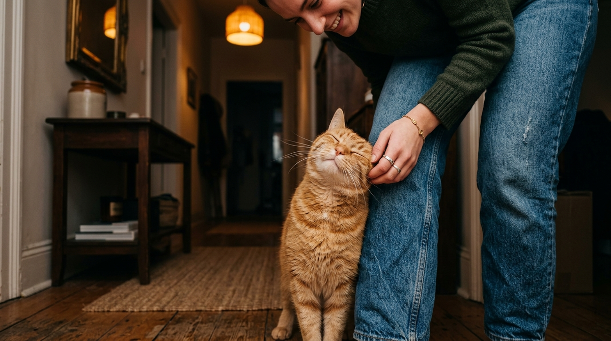 Кошка трётся о ноги хозяина, прикрыв глаза от удовольствия - классика жанра.