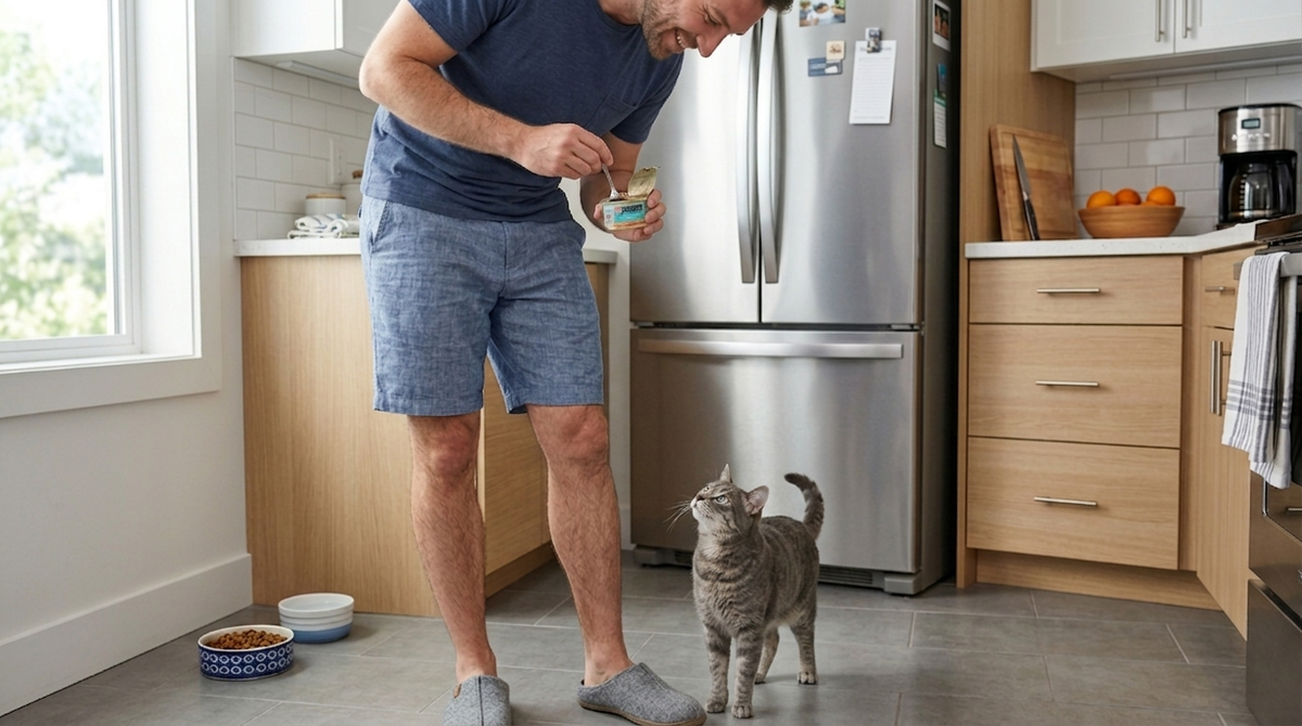 Кошка тёрлась об ногу на кухне, явно надеясь на угощение и получает его - чистая манипуляция.