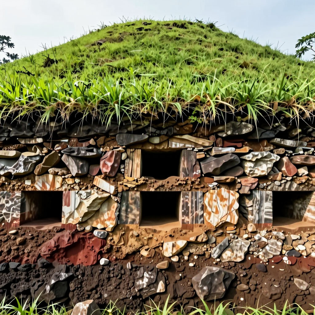 Реконструкция внутренней структуры горы по данным георадара и бурения. Видны разновозрастные слои, уходящие на глубину до 90 метров.