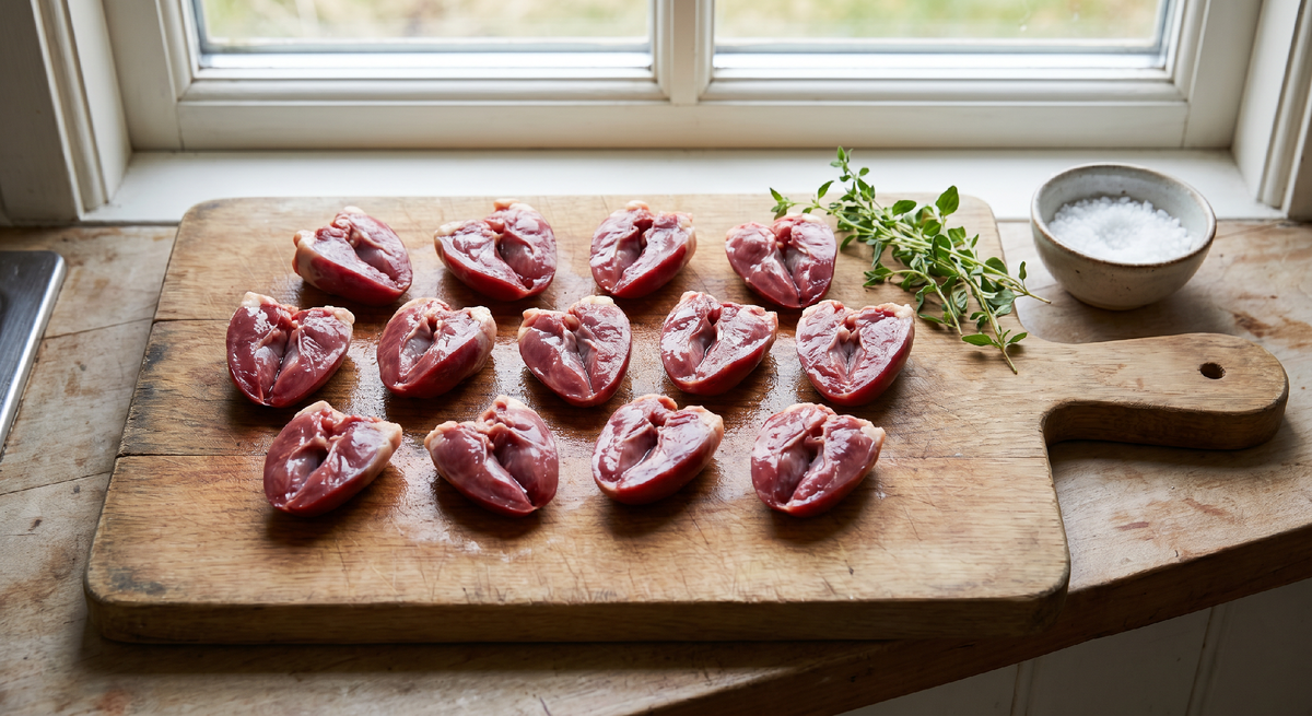 Подготовка сердечек — одна минута. Срезать верхнюю жёсткую часть, разрезать пополам, промыть от крови. Всё. Дальше — маринад и огонь