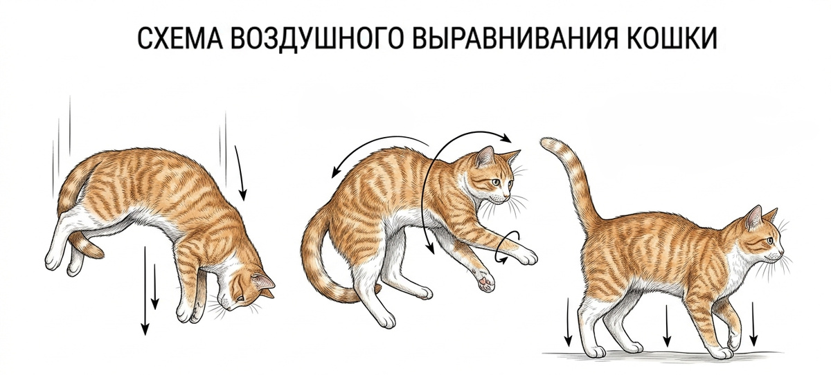 Схема кошачьего переворота - кошка разворачивает переднюю часть тела, затем заднюю.