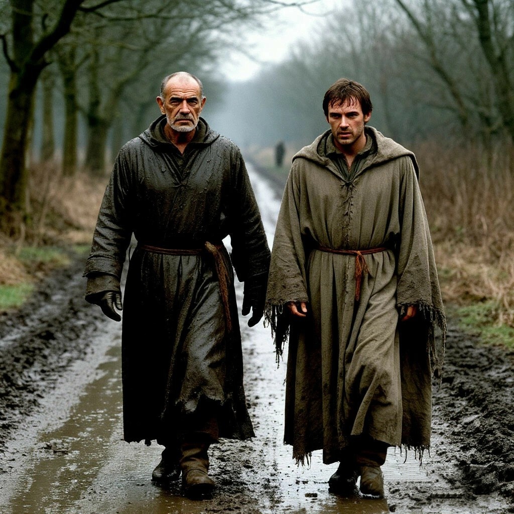 Уильям Баскервильский (Шон Коннери) и Адсон (Кристиан Слейтер) идут по размокшей глинистой дороге. Их рясы потемнели от сырости, тяжёлая ткань облепила плечи и спину. Подолы ряс забрызганы серо-коричневой грязью. Вокруг — голые деревья, серое ноябрьское небо. 