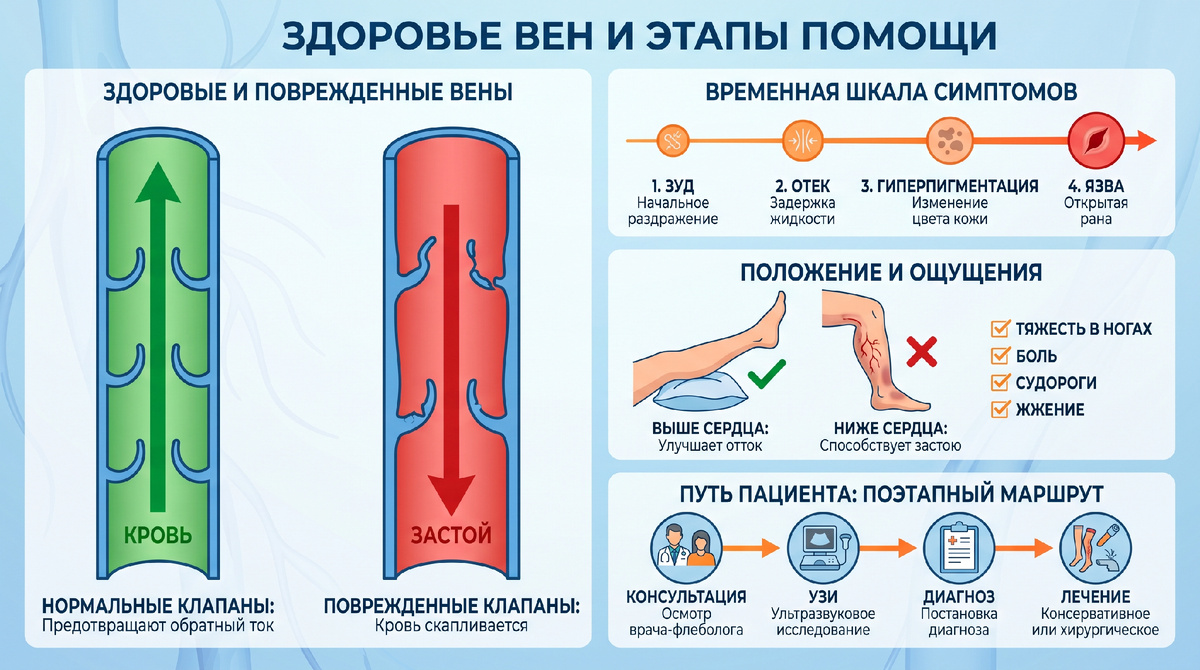 В идеальном мире каждый пациент с упорным зудом на голенях проходил бы ещё и оценку вен. В реальности на приём часто отведено мало времени
