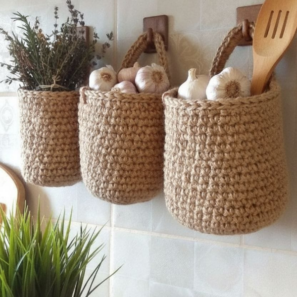 Подвесные корзины из джута на кухне — пример вертикального хранения. Такое хранение экономит место и украшает интерьер. 