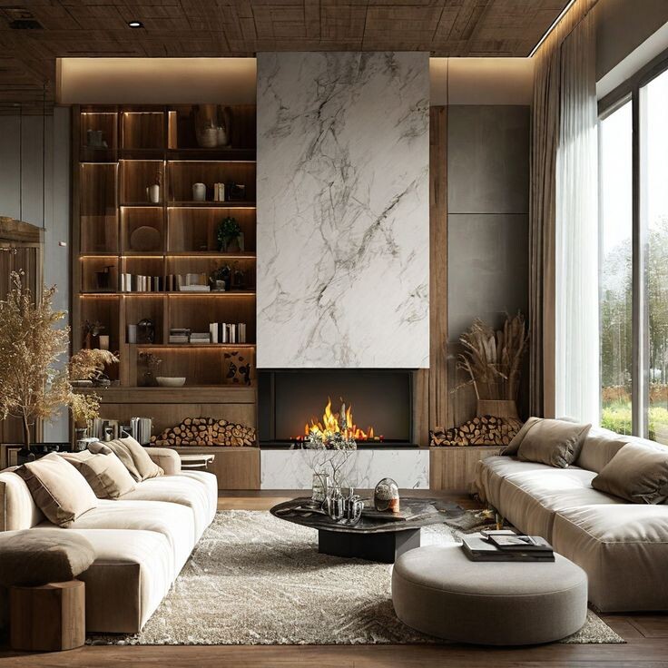 На фото представлен интерьер, который можно назвать воплощением стиля «органический модернизм» или «современное шале». Это пространство, где границы между домом и природой стираются, а роскошь измеряется не блеском золота, а качеством натуральных материалов и глубиной комфорта. Здесь нет кричащих деталей — только выверенный баланс текстур, теплый свет и ощущение защищенности.
Давайте разберем ключевые дизайнерские приемы этого проекта, которые превращают обычную гостиную в место силы и релаксации.
1. Центр композиции: Камин как архитектурный доминант
Главный герой этой комнаты — каминный портал, который работает как визуальный якорь всего пространства.
Мраморный монолит: Огромная плита белого мрамора (или керамогранита с его имитацией) с выразительными серыми прожилками тянется от пола до потолка. Это создает ощущение монументальности и чистоты.
Контраст огня и камня: Черная топка камина на фоне белого камня и яркого пламени создает драматичный акцент. Живой огонь (или его качественная имитация) мгновенно делает атмосферу живой и теплой.
Симметрия и зонирование: Камин делит стену на две функциональные зоны: слева — библиотека и хранение, справа — мягкая зона у окна.
2. Текстура дерева: Тотальное погружение
Дерево здесь используется не как акцент, а как основная среда обитания.
Деревянный потолок: Обшивка потолка деревянными панелями (вагонкой или рейками) — смелый прием, который «опускает» пространство, делая его более камерным и уютным. Это также отличная акустическая мера.
Стеллаж-библиотека: Слева от камина расположена встроенная система хранения из дерева. Открытые полки с теплой LED-подсветкой демонстрируют книги, декор и... дрова.
Дрова как декор: Обратите внимание на аккуратно сложенные поленья в нишах стеллажа и справа от камина. Это отсылка к традициям шале, добавляющая интерьеру «деревенского» шарма и тактильности.
📍 Приходите знакомиться:
г. Омск, ул. Фрунзе 1/4, ТЦ «Миллениум», 11 этаж
📞 Звоните или пишите: +7 (3812) 99-20-38