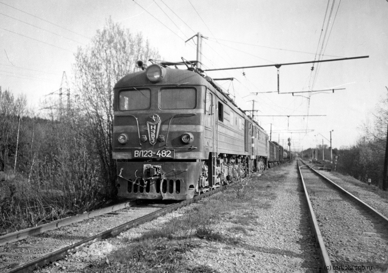 Грузовой поезд с электровозом ВЛ23-482 на удлиненном боковом пути ст. Мюллюпельто. Май 1991 г. Фото Д. Верёвкина