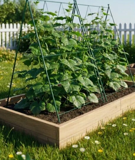 Поставил металлическую шпалеру для огурцов — они поползли вверх, а я перестал мучиться с подвязкой