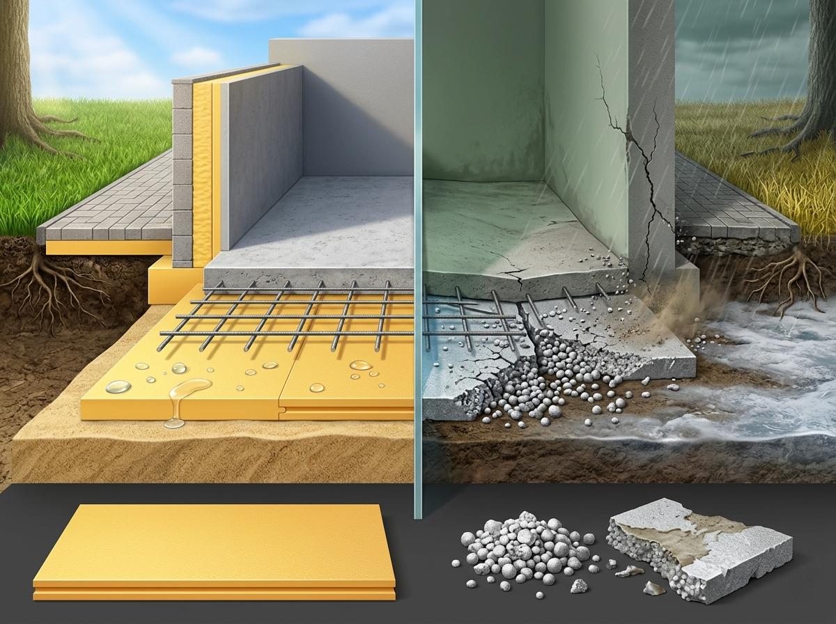 Разрез фундамента дома с наглядным сравнением правильного и неправильного утепления. Слева — качественный пеноплекс под плитой, вертикальное утепление стен и утеплённая отмостка. Справа — разрушенный обычный пенопласт, превратившийся в труху, с проседанием бетонной плиты и промерзанием грунта. Демонстрация, почему экструзионный пенополистирол служит 50 лет, а обычный пенопласт разрушается за 5 лет под землёй.