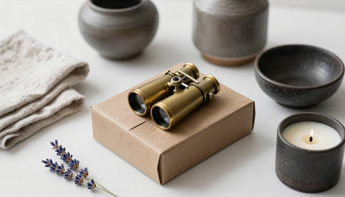 Провальные стратегии подарков - телескоп, керамическая ваза, чаша, свеча и салфетка на ребристом картоне.