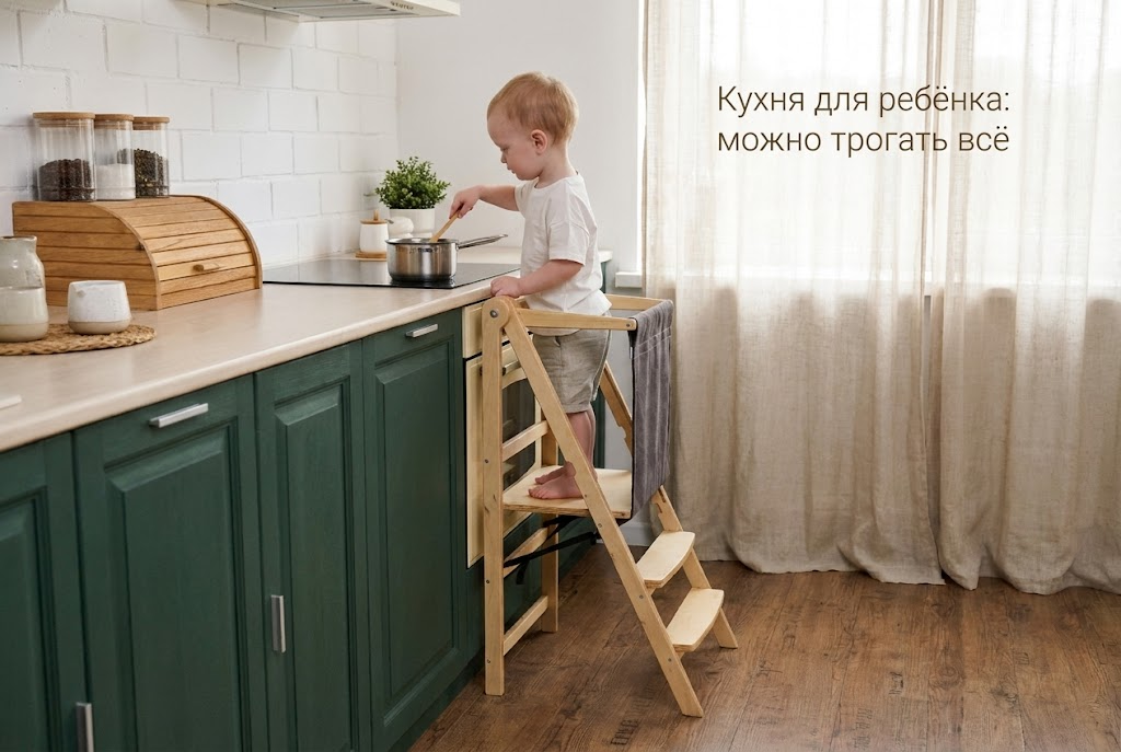    Создание функциональной зоны на кухне, где ребенку разрешено самостоятельно изучать предметы. ecomebel