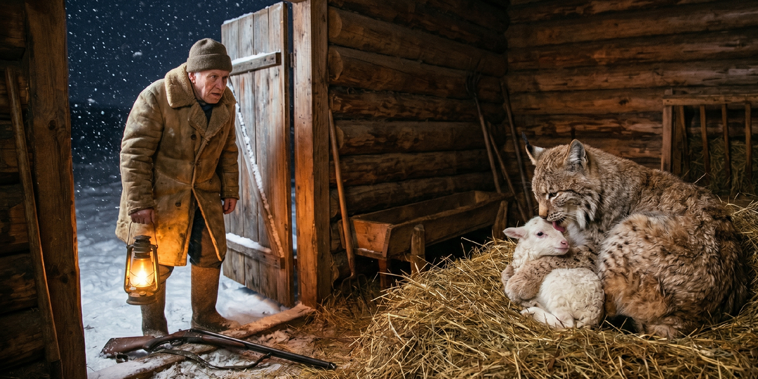 Увидев, что рысь забрела в хлев к овцам, фермер схватил ружье, но едва он заглянул внутрь...