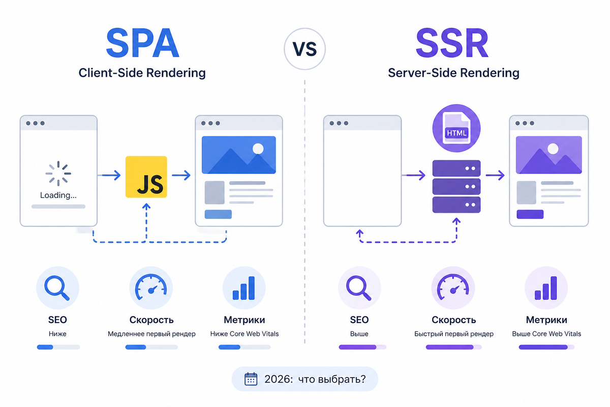 SPA или SSR в 2026: как выбрать архитектуру рендеринга для бизнес-приложения, чтобы улучшить SEO, скорость и конверсию.