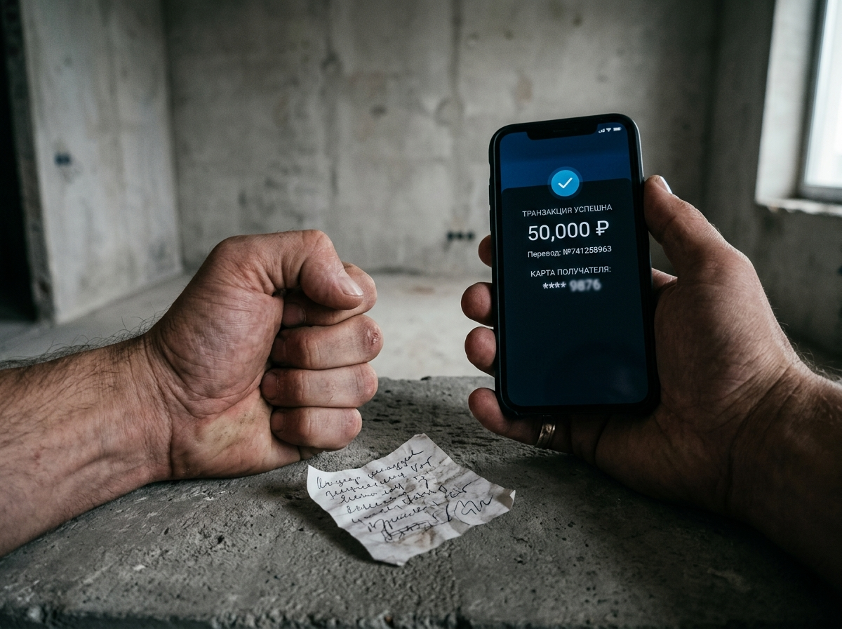 Мужчина держит в руке мобильный телефон с открытым банковским приложением, на экране видна сумма перевода 50 000 рублей на неизвестный номер карты. Вторая рука сжимает смятую бумажку с неразборчивой подписью — так называемую "расписку" о задатке. Рядом пустая бетонная комната без ремонта, не начатые работы. Задаток переведён, бригада исчезла, ремонт не начат.
